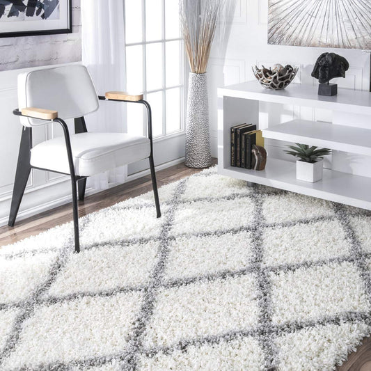 Premium Handmade Tufted Microfiber Carpet – Ivory & Grey Line – Soft Touch & Anti-Skid Base