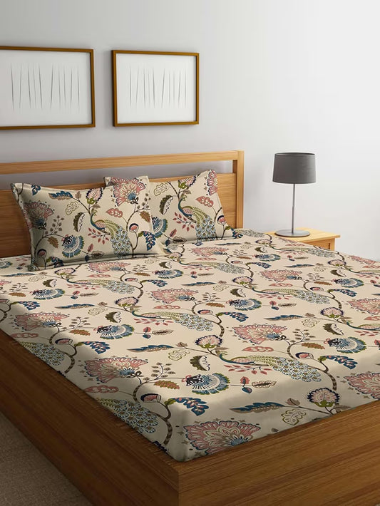 Flat Bedsheet - Premium Glace Cotton fabric Brown Peacock 🦚 Jaipuri Design Flat Bedsheet – Double Bed Size with 2 Pillow Covers