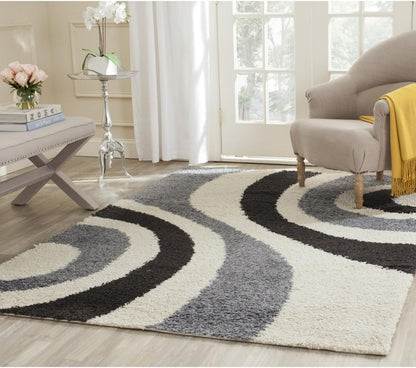 Kashyapa Rugs Collection - Fresh From Loom Design Fur Microfiber Soft Living Area Rug Ivory With Black.