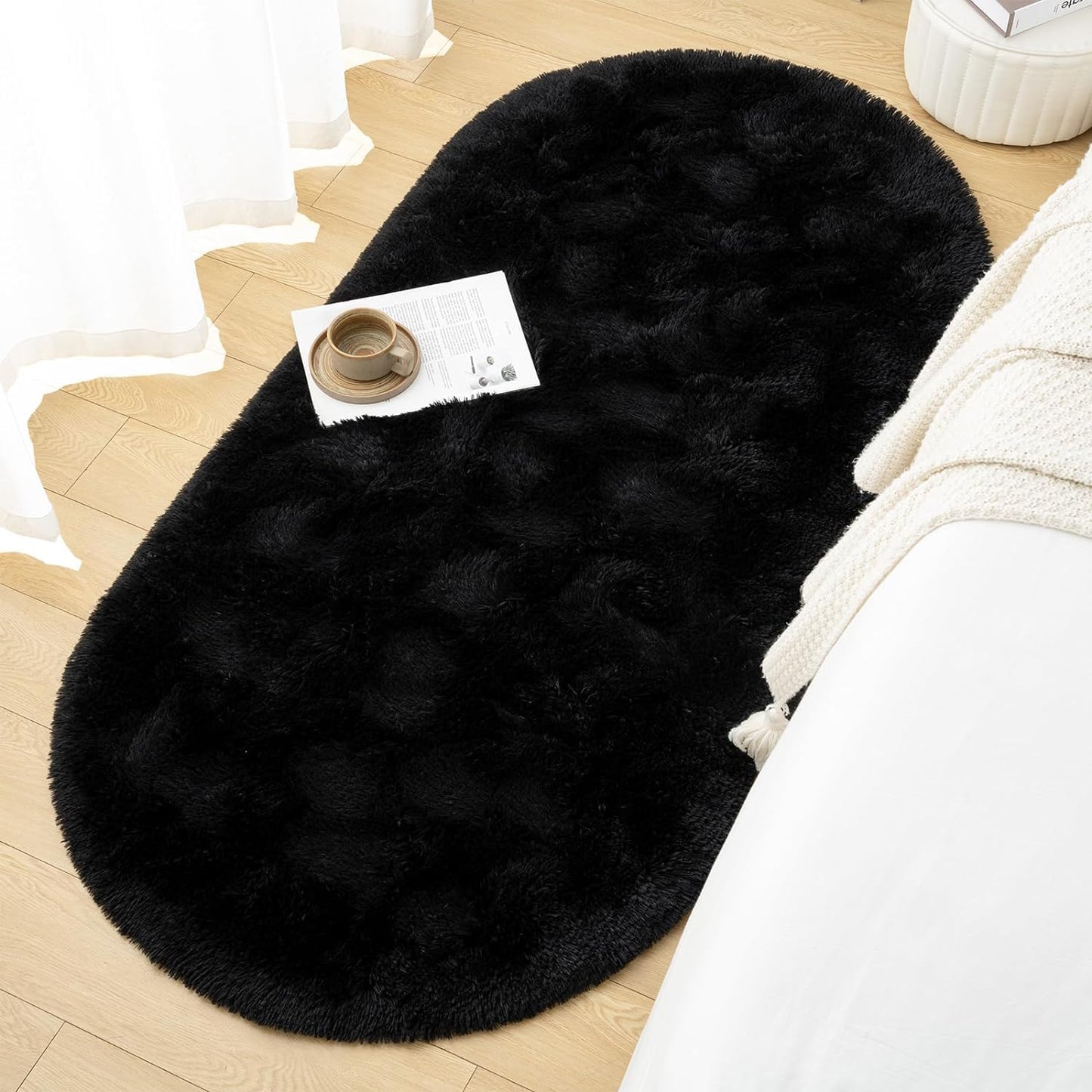 Beautiful Black 2 Inch long Pile Premium Microfiber Bedside Oval Runner - Soft Feel, Anti-Skid Rubber Backing