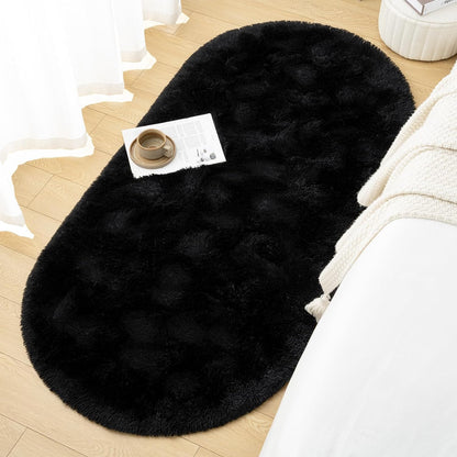 Beautiful Black 2 Inch long Pile Premium Microfiber Bedside Oval Runner - Soft Feel, Anti-Skid Rubber Backing