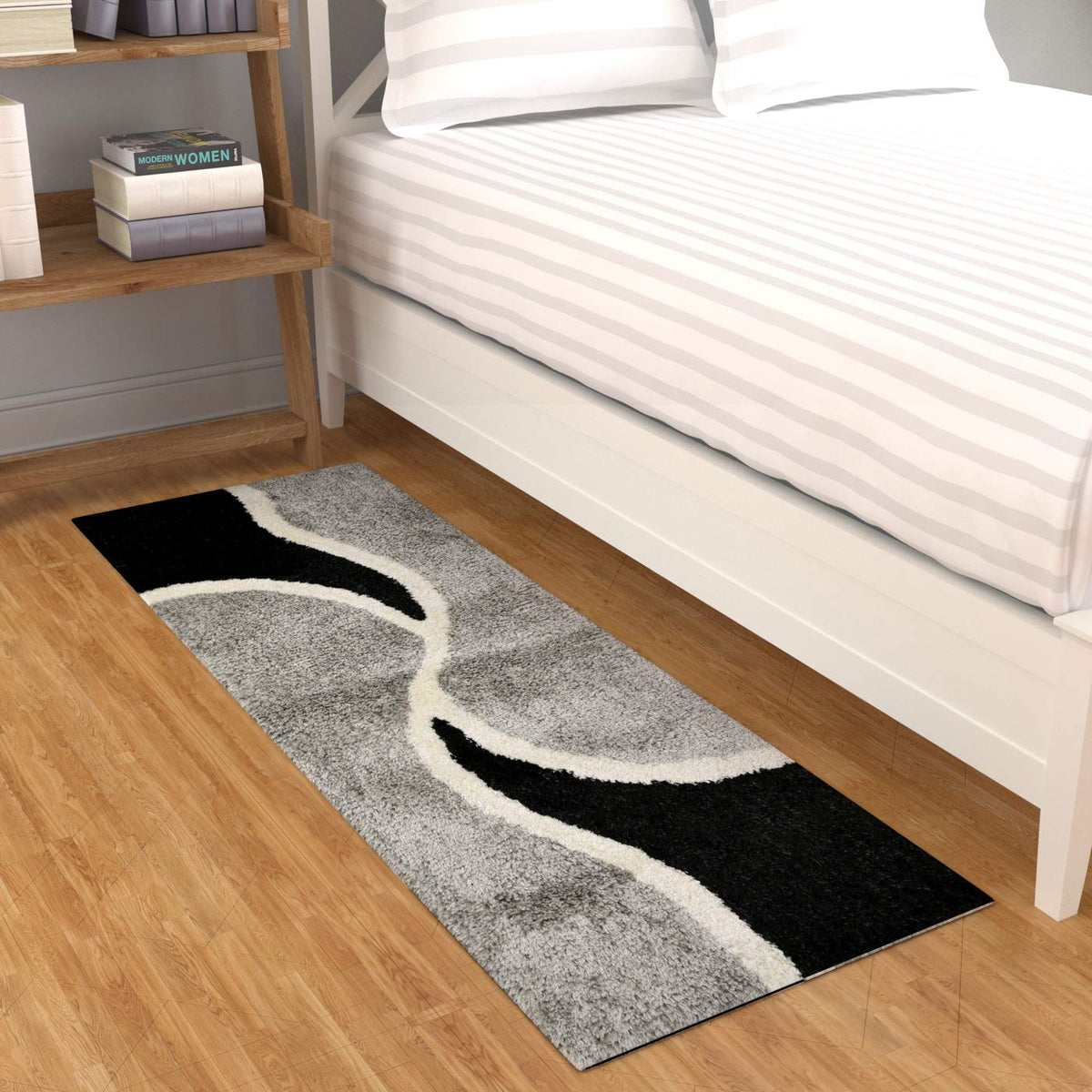 Black, White & Grey Abstract Wave Pattern Bedside Runner with Anti-Skid Backing