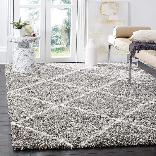 Kashyapa Rugs Collection - Diamond Cross Super Soft Microfiber Silk Touch Rugs Grey With Ivory Living Area Rug