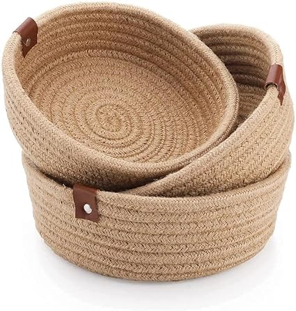 Mini Rope Storage Natural Handwoven Jute Shelf Basket For Your Home & Kitchen - Pack of 3 (SET OF 3, Beige)