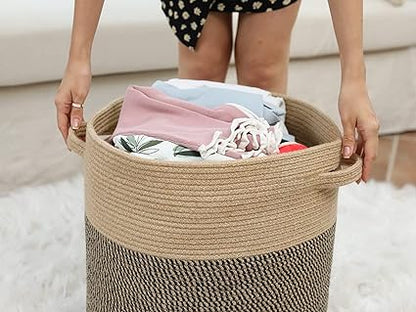 Storage Organizer Foldable Wardrobe Cotton Mini Rope Laundry Basket with lid Cloth Storage Box ,Living Room,planters,Dirty Clothes (Beige Black Mix)