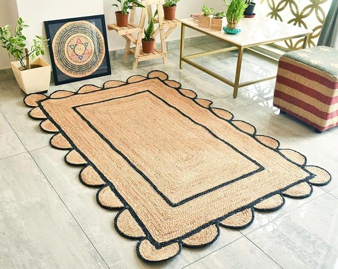 Kashyaparugs handmade braided natural jute with black dye scalloped design farmhouse rectangle area rug – artisan crafted in India, multiple sizes available