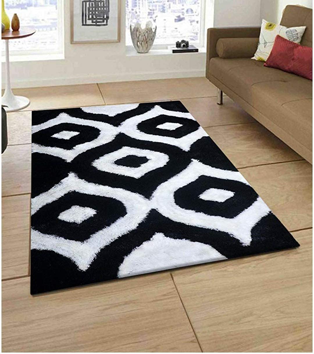 Kashyapa Rugs Collection - Handmade Microfiber Carpet for Living Room Bedroom Hall & Home - Black & White
