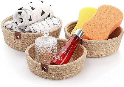Mini Rope Storage Natural Handwoven Jute Shelf Basket For Your Home & Kitchen - Pack of 3 (SET OF 3, Beige)