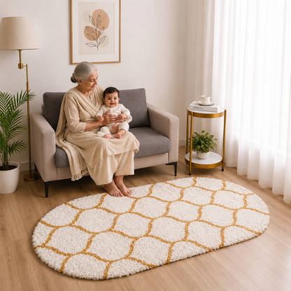 Premium Mustard-Ivory Moroccan Style Shaggy Rug – Plush Soft Touch, Non-Slip Rubber Base