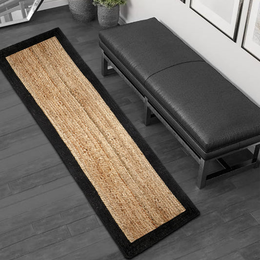 Kashyapa Rugs-Black Border Braided Natural Jute Bedside Runner.