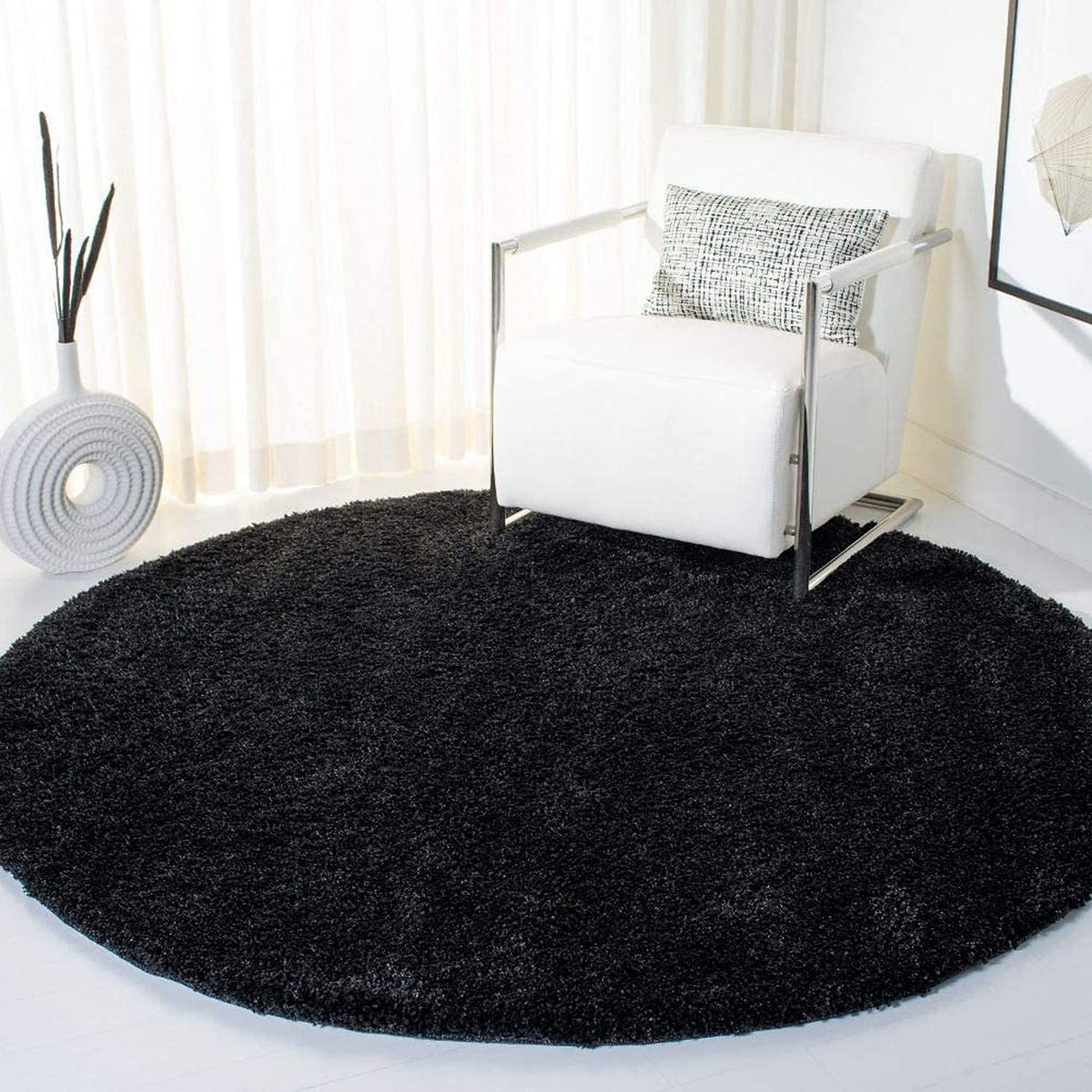 Black Extra Fluffy Soft Round Carpet 2 inch long pile  – Premium Luxury Carpet – Soft Feel with Anti-Skid Backing