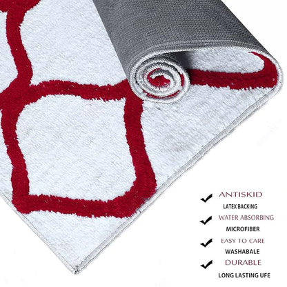 Red & White Geometric Bedside Runner – Soft Microfiber, Anti-Skid Rubber Backing