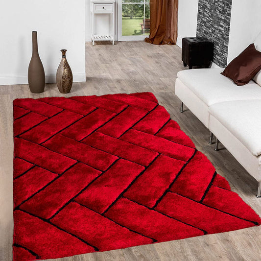 Red 3D Black Lines Modern Shaggy Rug