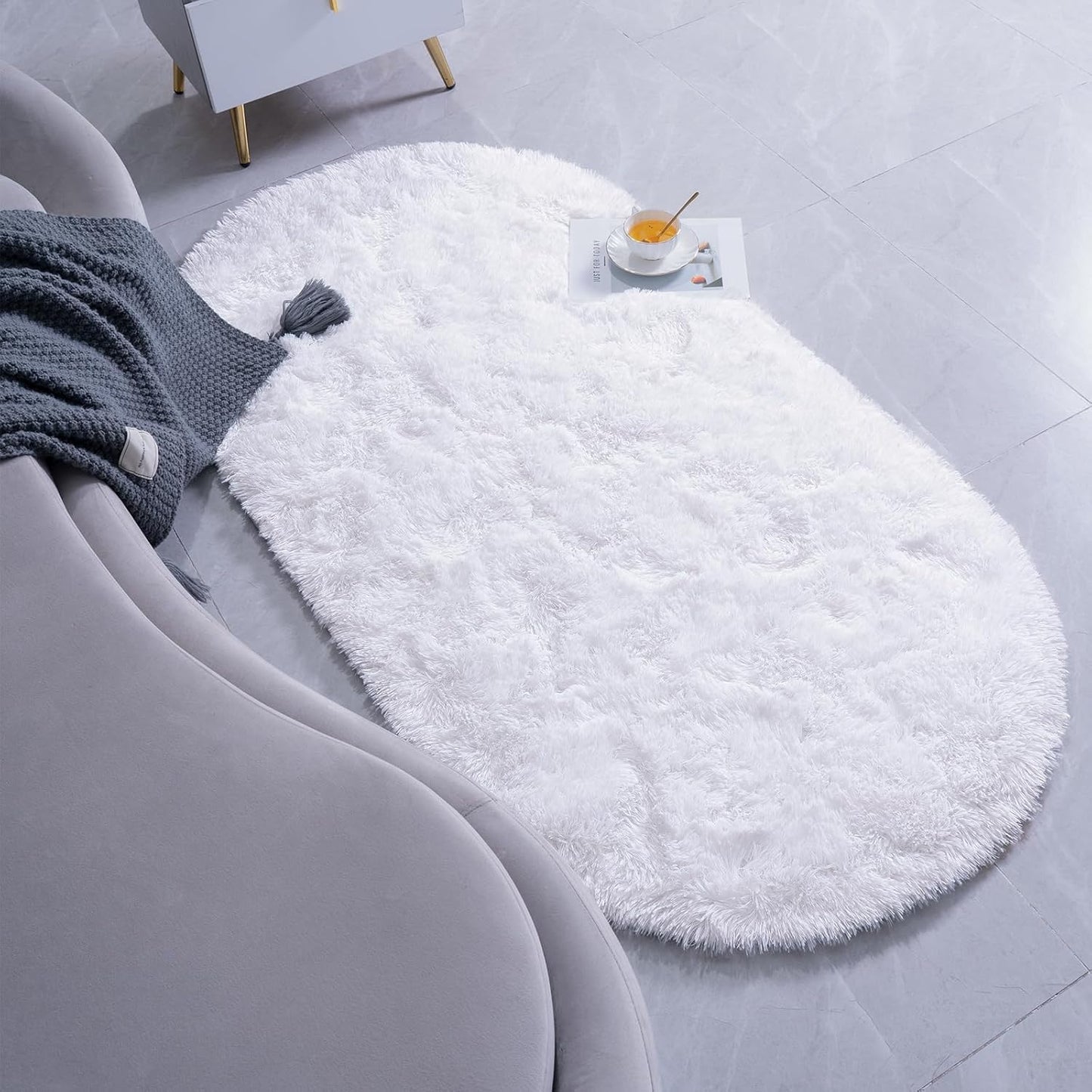 White Oval 2 Inch long Pile Premium Extra Fiber Bedside Runner - Extra Soft Feel, Anti-Skid Rubber Backing