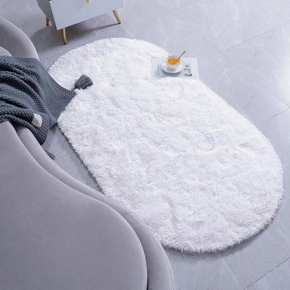 White Oval 2 Inch long Pile Premium Extra Fiber Bedside Runner - Extra Soft Feel, Anti-Skid Rubber Backing