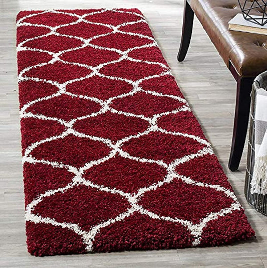 Moroccan Style Microfiber Carpet Runner Red & Ivory Soft, Non-Slip, Easy to Clean hand tufted Bedside Runner.