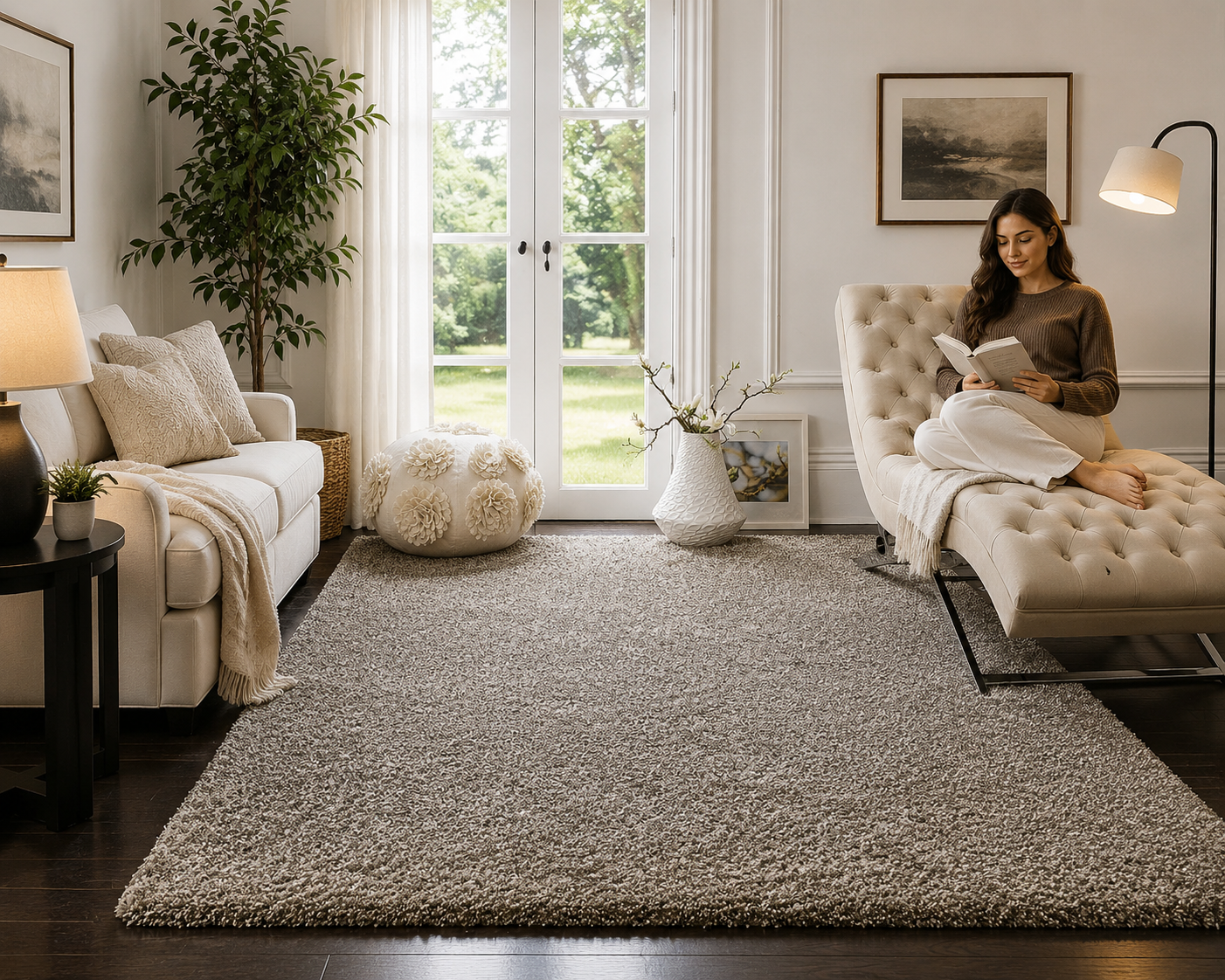 Ivory & Grey 2 inch long pile Shaggy Rug – Luxurious Hand-Tufted Microfiber Carpet – Extra Soft Feel with Anti-Skid Rubber Backing