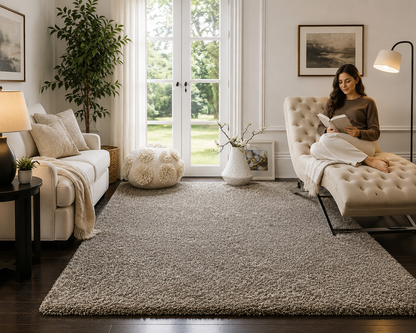 Ivory & Grey 2 inch long pile Shaggy Rug – Luxurious Hand-Tufted Microfiber Carpet – Extra Soft Feel with Anti-Skid Rubber Backing