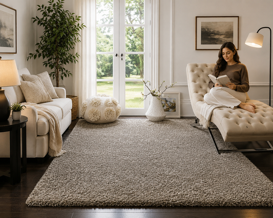 Ivory & Grey 2 inch long pile Shaggy Rug – Luxurious Hand-Tufted Microfiber Carpet – Extra Soft Feel with Anti-Skid Rubber Backing