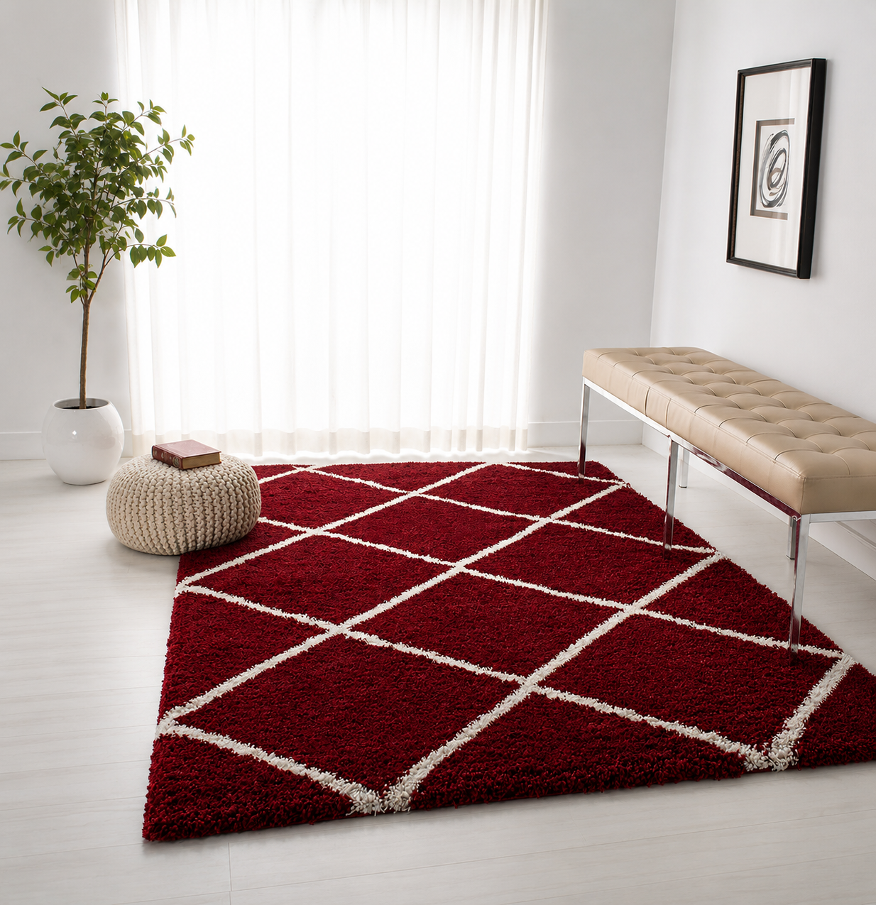 Elegant Maroon & Ivory Lines Diamond Shaggy Rug – Microfiber Carpet for Bedroom – Soft Touch with Anti-Slip Base