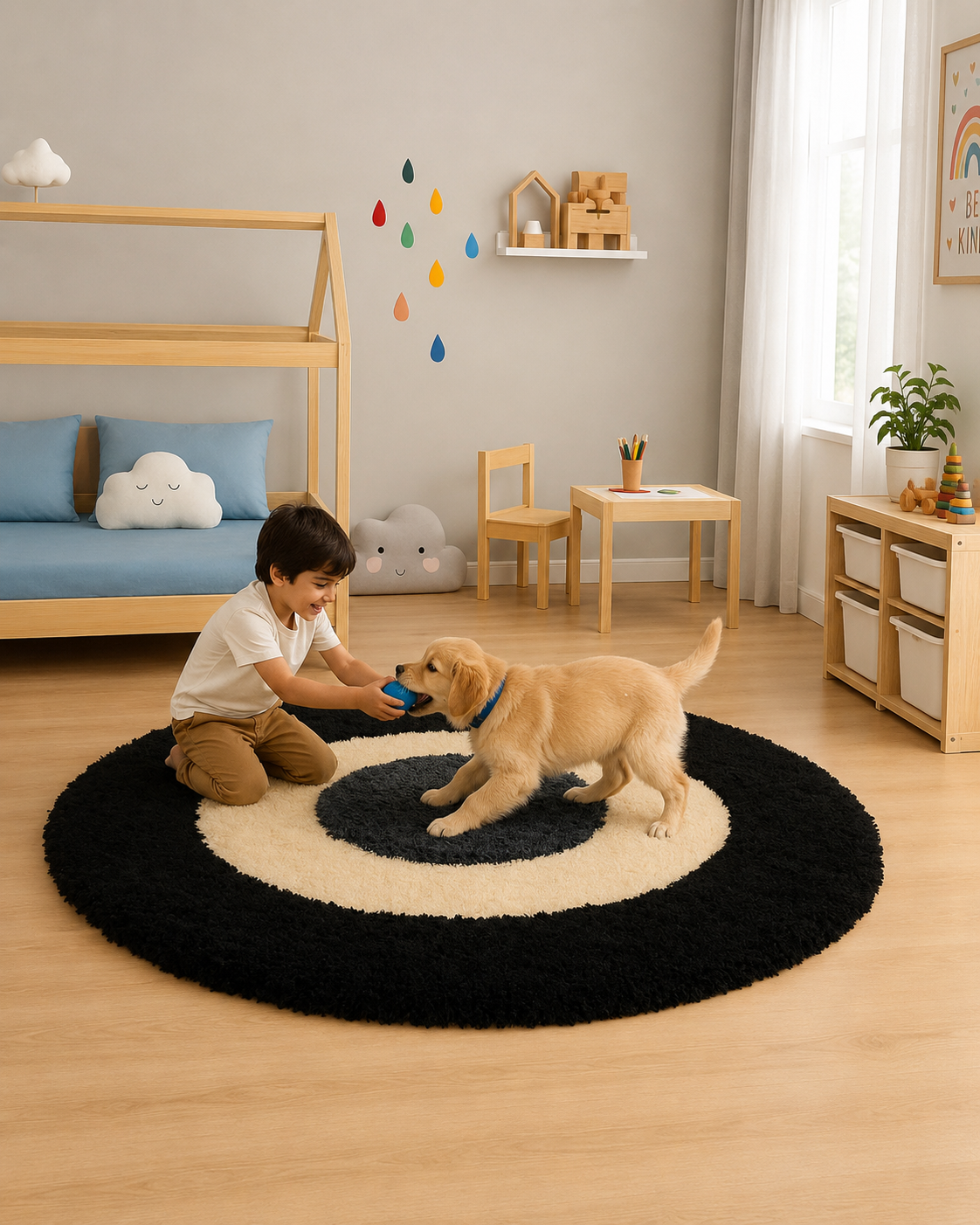 KashyapaRugs black and white round carpet – classic two-tone contrast pattern with soft plush surface for modern and minimal living spaces, anti-skid rubber backing