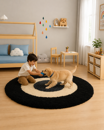 KashyapaRugs black and white round carpet – classic two-tone contrast pattern with soft plush surface for modern and minimal living spaces, anti-skid rubber backing