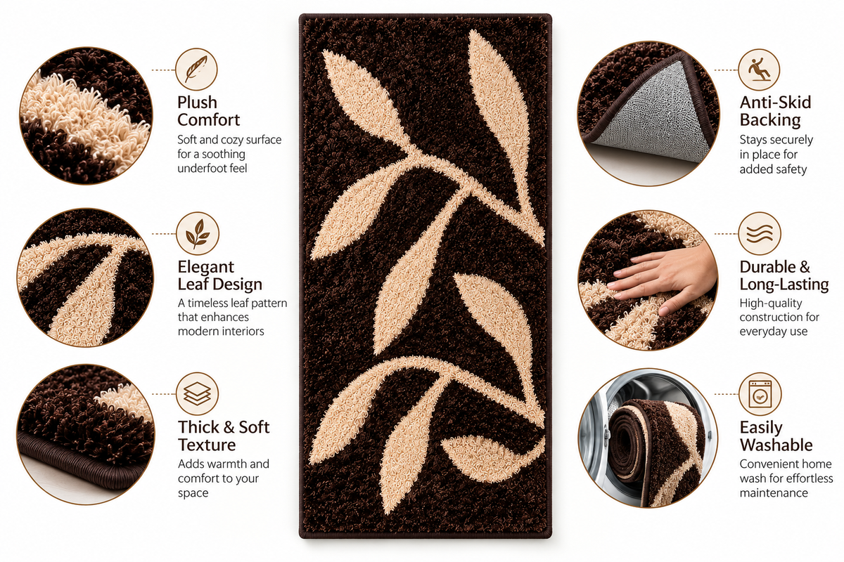 Brown with Beige Leaf Beautiful Premium Microfiber Bedside Runner