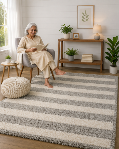 Ivory With Grey Shaggy Rug For Soft touch Microfiber Hand tufted Carpet