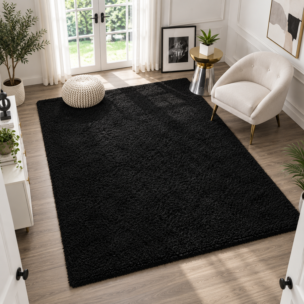 Plain Black Premium Shaggy Living Room Rug – Soft Feel with Anti-Skid Backing