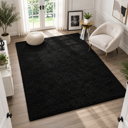 Plain Black Premium Shaggy Living Room Rug – Soft Feel with Anti-Skid Backing