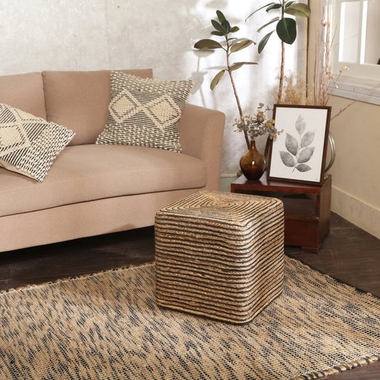 Eco-Friendly Jute Pouf – Handwoven Natural & Black Accent for Living Room