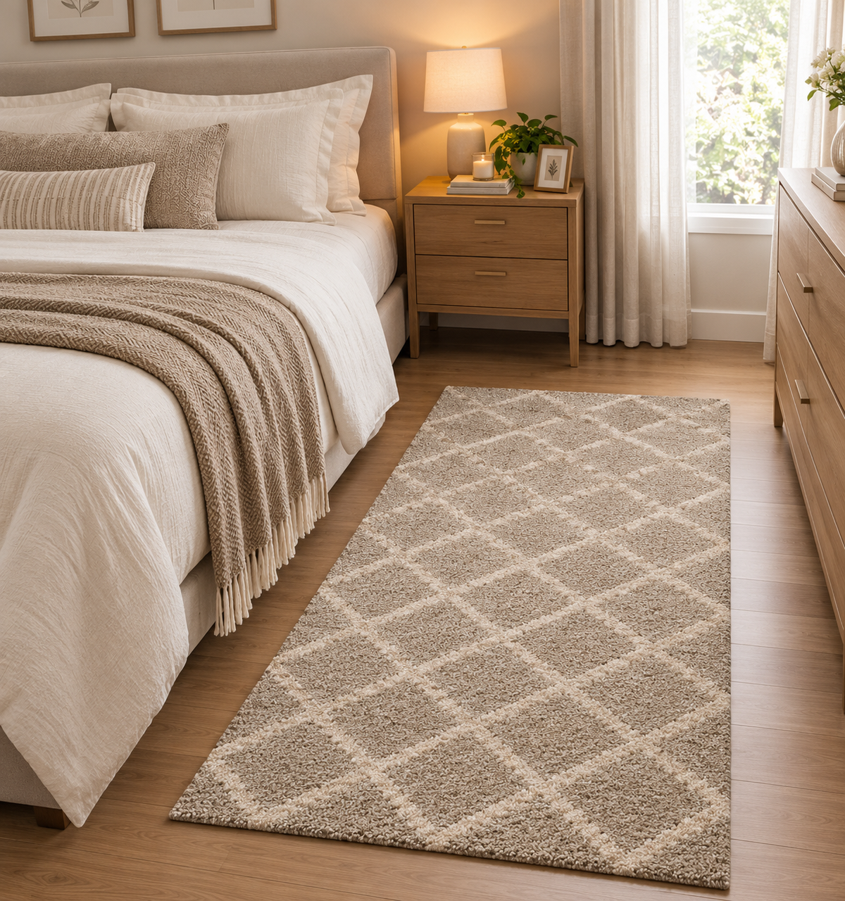 Premium Beige with Ivory Geometric Diamond Pattern Rug – 12 mm Low Pile, Soft Feel