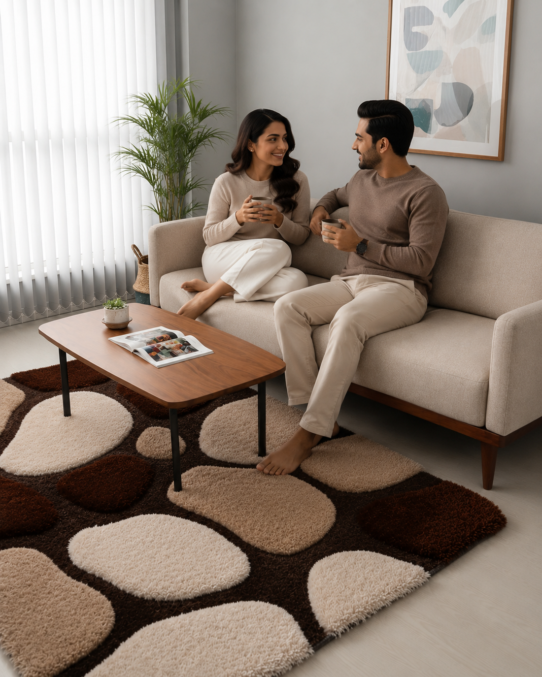 KashyapaRugs brown, beige and ivory pebble pattern premium shaggy rug – plush microfiber pile, anti-skid backing, abstract organic texture for modern and earthy living rooms
