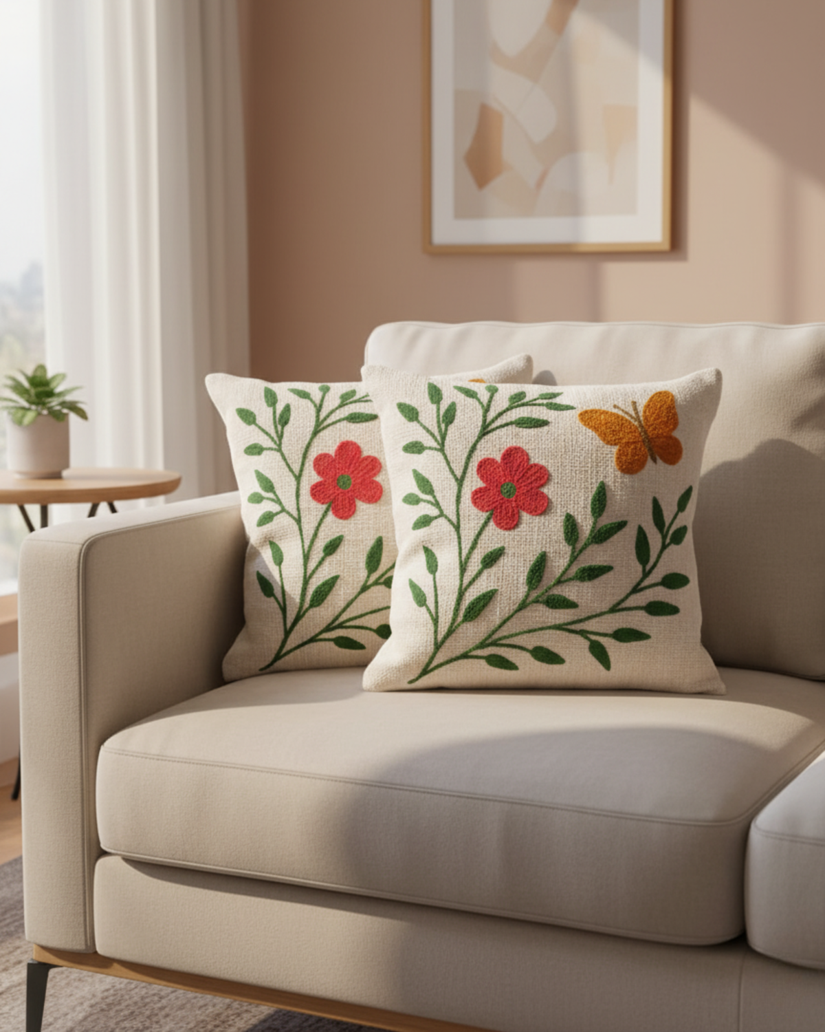 Pink & Green Floral Embroidered Cushion Cover | Decorative Throw Pillow Cover for Sofa & Living Room