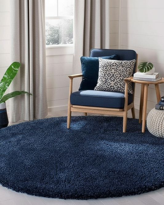 Navy Blue 2inch Long Pile Premium Round Shaggy Rug – Soft Feel with Anti-Skid Rubber Backing