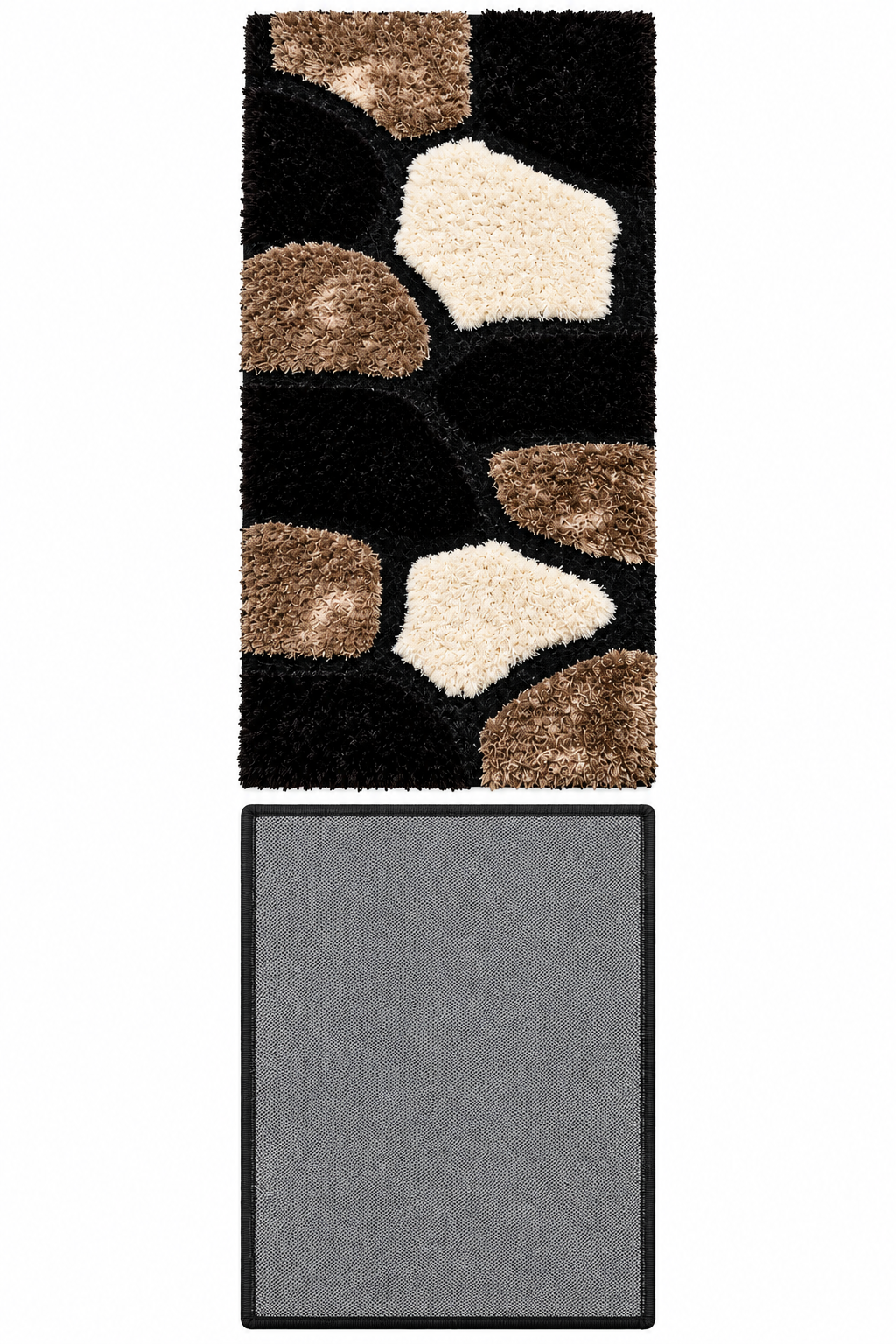 Modern Abstract Black, Beige & Ivory Shaggy Runner Rug with Anti-Skid Backing