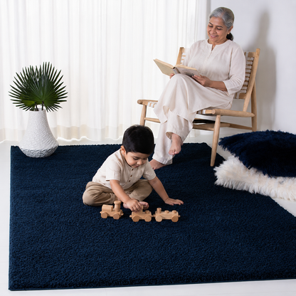 Navy Blue Plain – Premium Fluffy Shaggy Hand-Tufted Super Soft Microfiber Carpet – Soft Feel with Anti-Skid Rubber Backing
