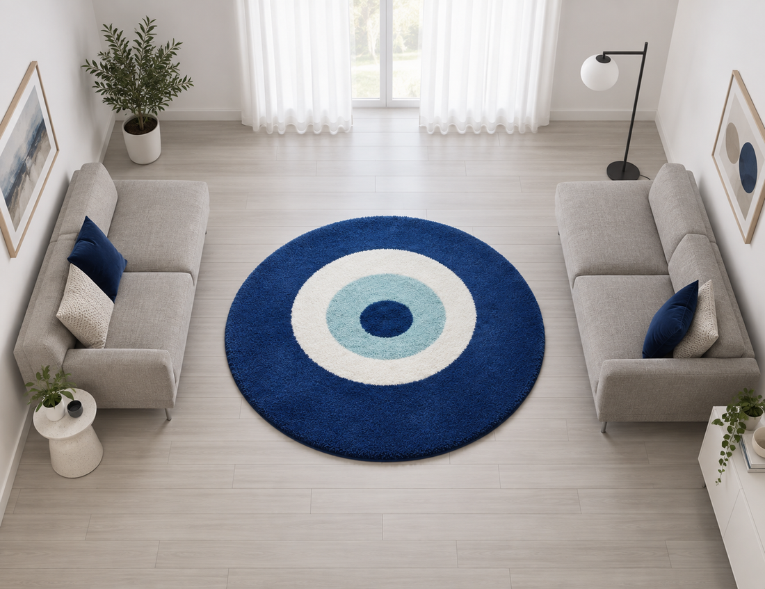 KashyapaRugs blue eyes soft micro premium round shaggy rug – elegant grey and ivory palette with subtle geometric design, soft dense plush pile for bedrooms, living rooms and kids' play areas, anti-skid backing