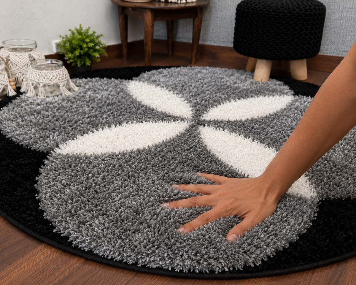 Black & Grey - Premium Soft Modern Round Shaggy Rug