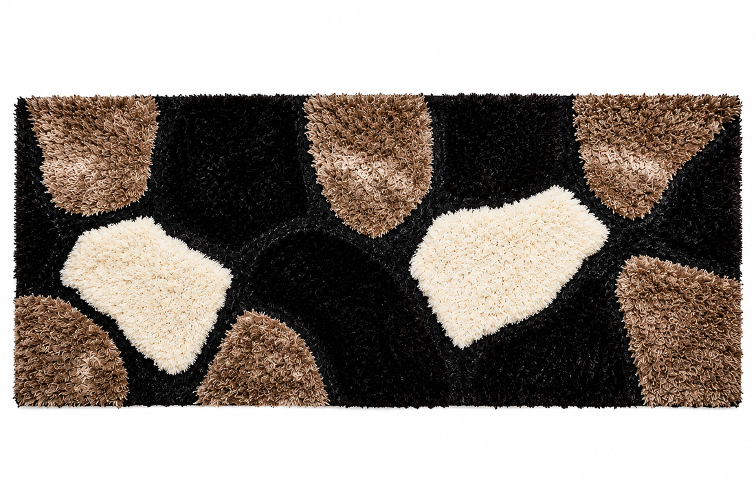 Modern Abstract Black, Beige & Ivory Shaggy Runner Rug with Anti-Skid Backing