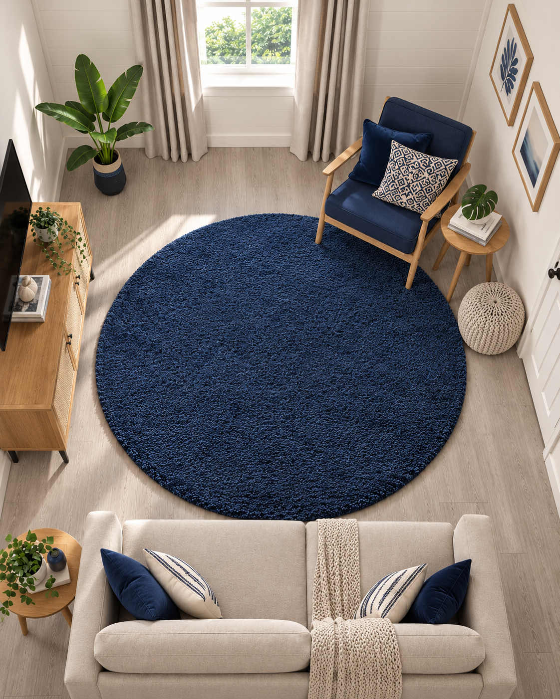 Premium Navy Blue Round Rug – 12 mm Low Pile, Soft Feel, Modern Elegant Design