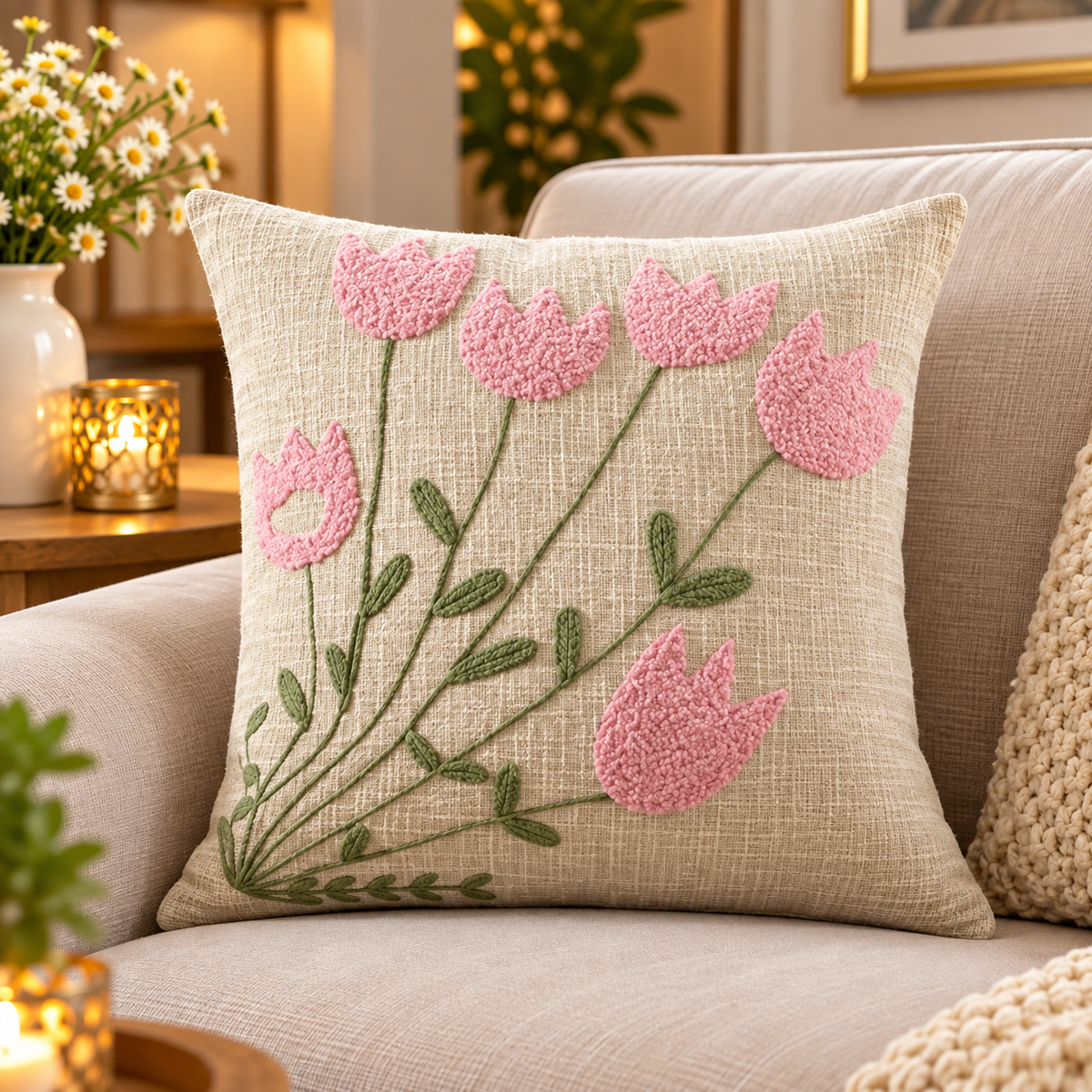 Pink Floral Embroidered Cushion Cover | Decorative Throw Pillow Cover for Sofa & Living Room