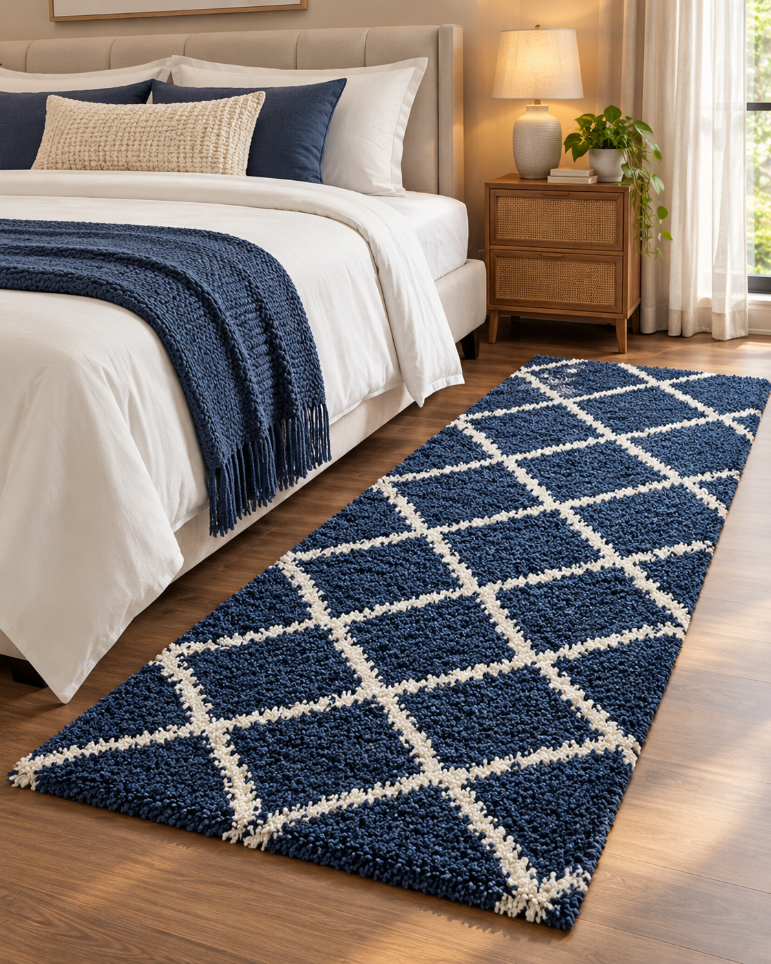 Premium Blue with Ivory Beautiful Micro Bedside Runner - Soft Feel, Anti-Skid Backing