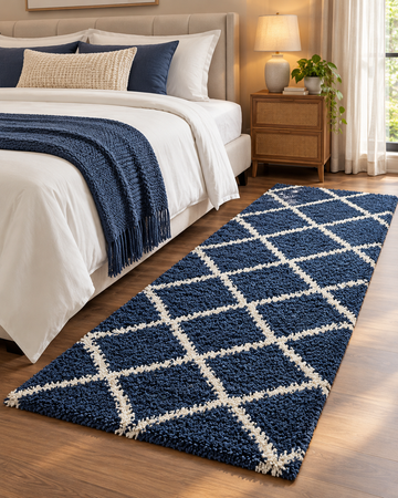 Premium Blue with Ivory Beautiful Micro Bedside Runner - Soft Feel, Anti-Skid Backing