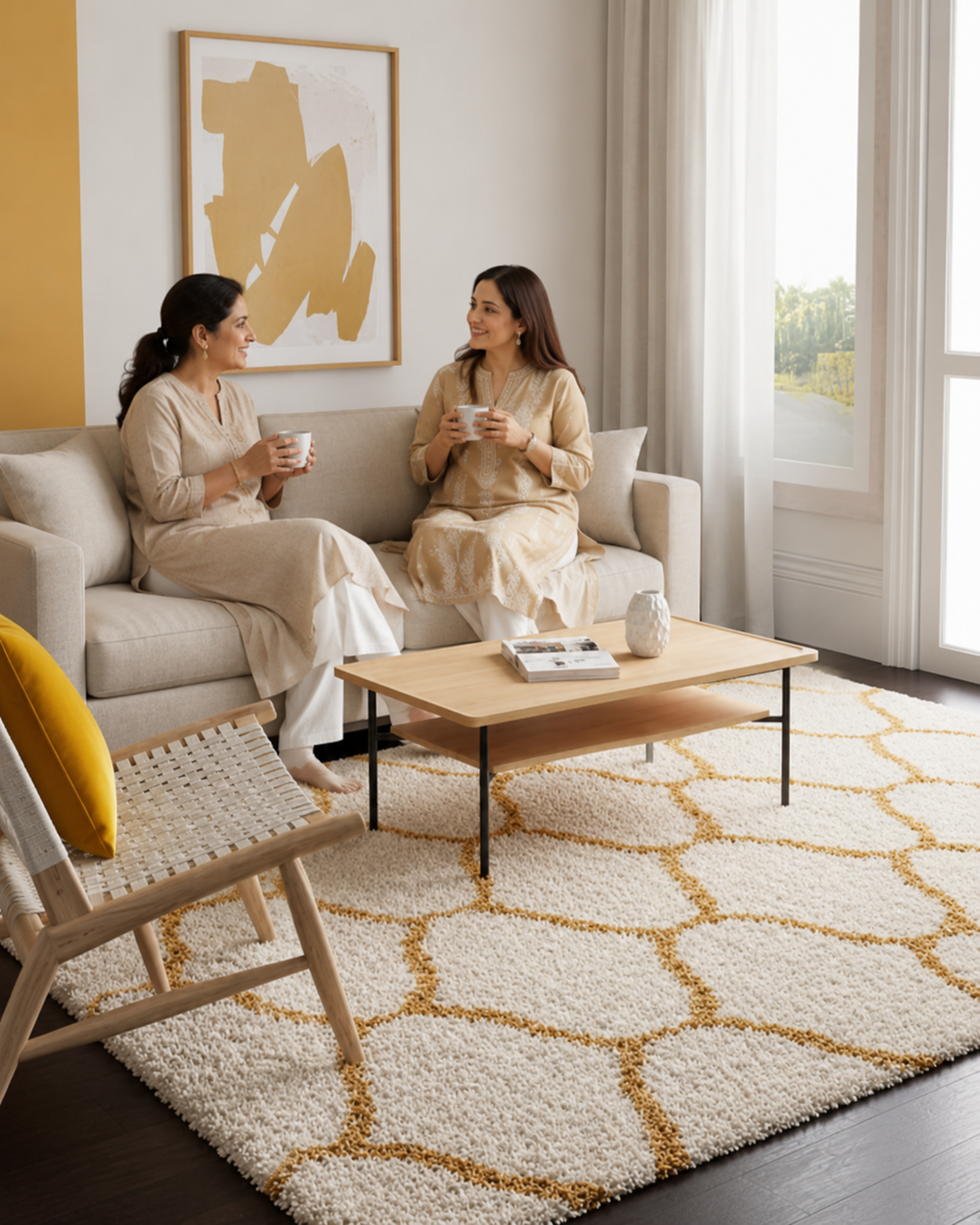 KashyapaRugs premium mustard and ivory Moroccan style shaggy rug – plush dense pile, non-slip rubber base, Moroccan-inspired geometric pattern for living rooms and bedrooms