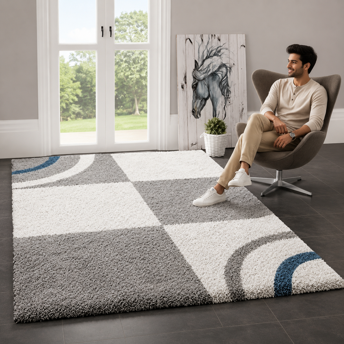 KashyapaRugs modern geometric grey, white and blue premium shaggy rug – soft microfiber pile, anti-skid backing, contemporary abstract pattern for living rooms and hallways