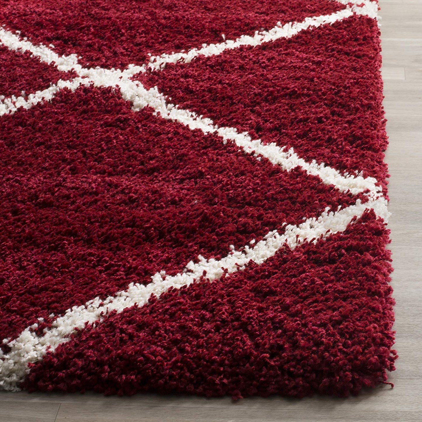 Diamond Shaggy Rug for Bedroom Red with Ivory Lines/ Microfiber Hand tufted Carpet