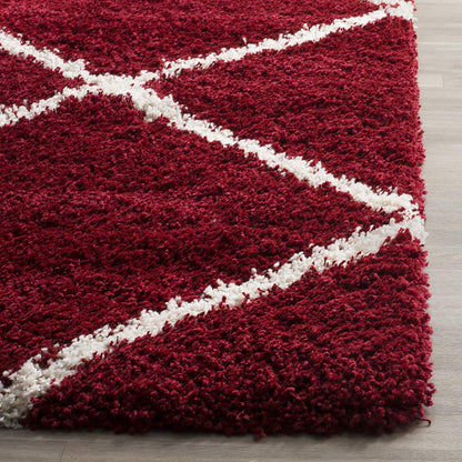 Diamond Shaggy Rug for Bedroom Red with Ivory Lines/ Microfiber Hand tufted Carpet