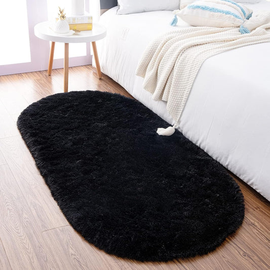 Beautiful Black 2 Inch long Pile Premium Microfiber Bedside Oval Runner - Soft Feel, Anti-Skid Rubber Backing