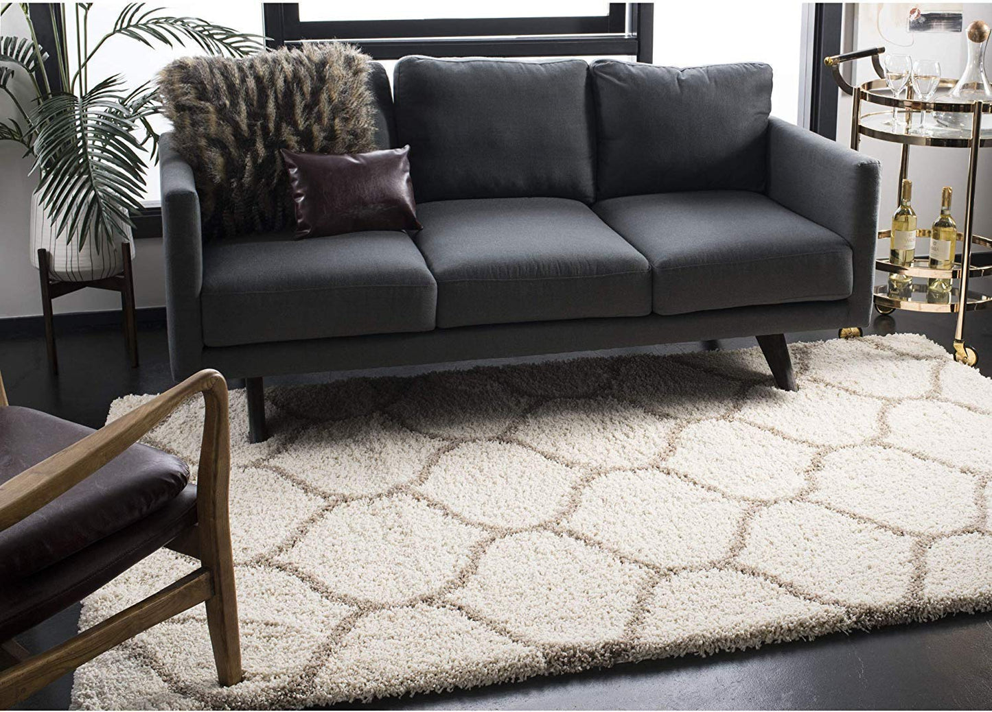 Ivory With Grey lining Moroccan Super Soft Microfiber Fluffy Rug.